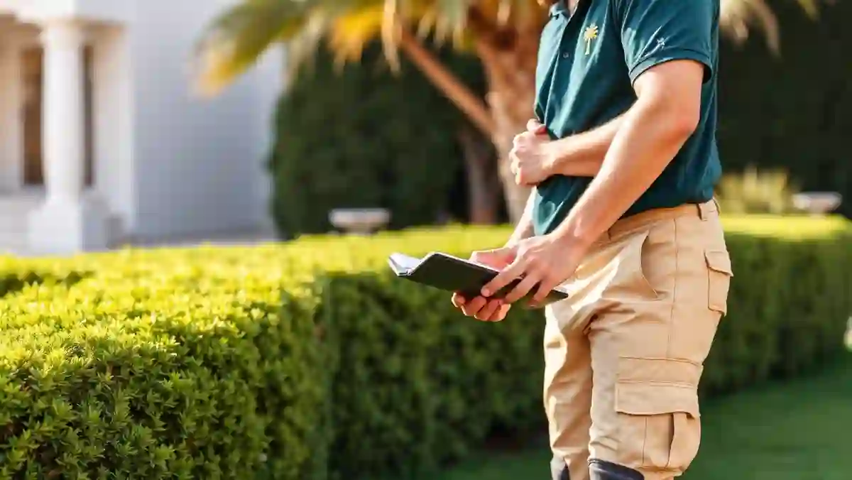 Jardinero revisando una zona ajardinada de una villa junto a un cuaderno de trabajo