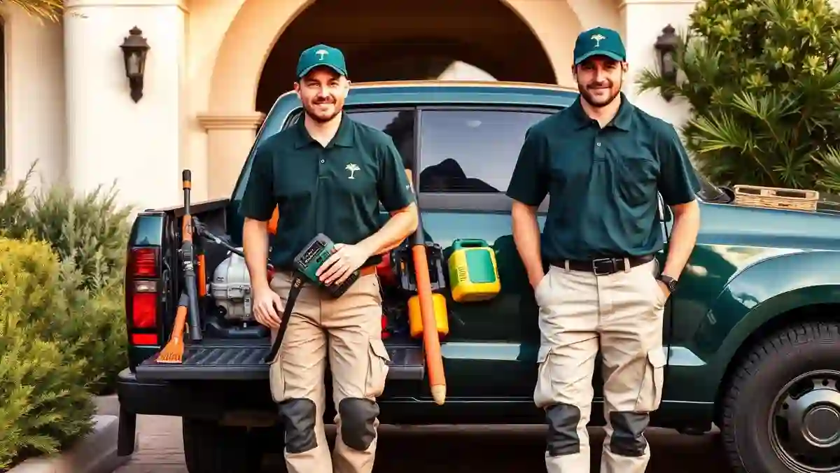 Dos jardineros de Costa Luxe Gardens con el vehículo y el equipo profesional de la empresa