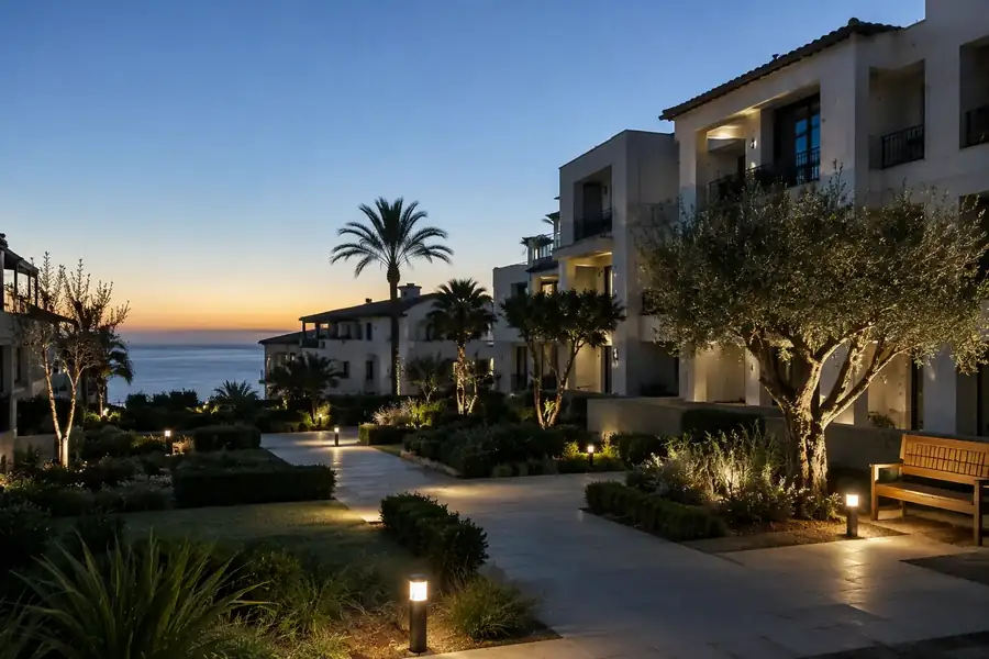 Villa contemporánea con iluminación exterior cálida sobre plantación mediterránea en Casares