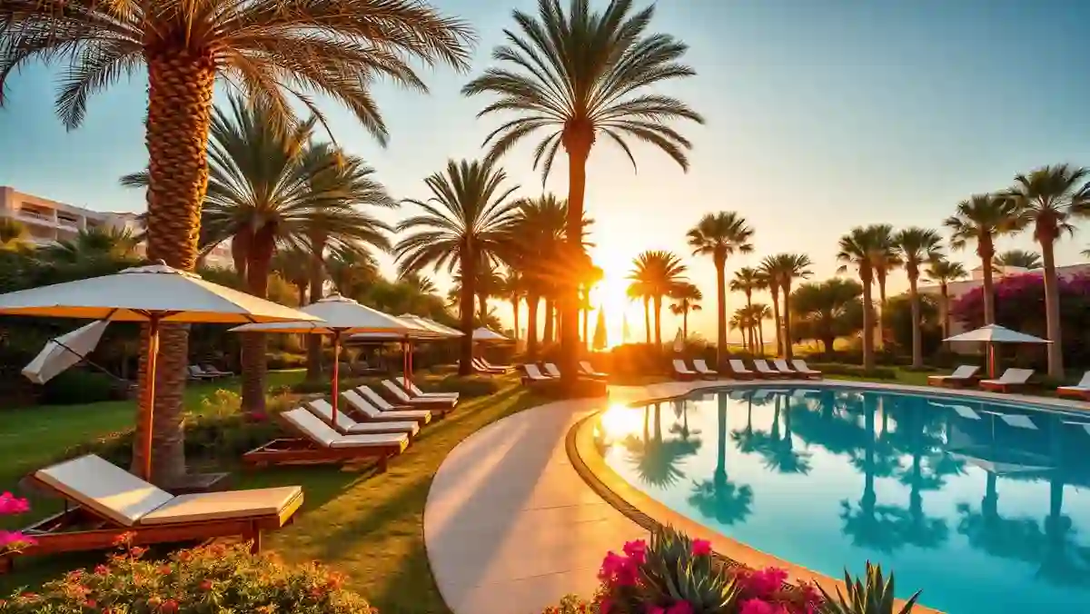 Jardín de hotel con palmeras, piscina y zona de tumbonas al atardecer