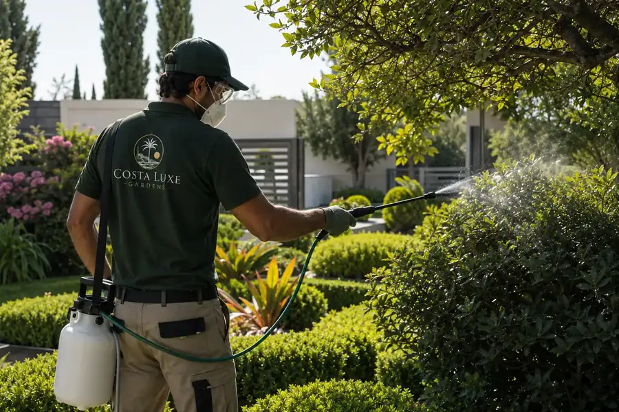 Técnico de Costa Luxe Gardens aplicando un tratamiento fitosanitario en un jardín mediterráneo de la Costa del Sol