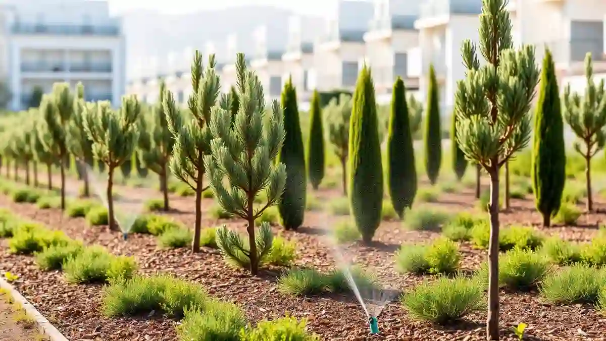Zonas verdes recién plantadas en una urbanización nueva con riego de establecimiento activo