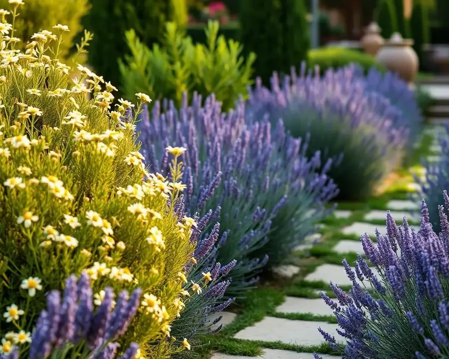 Plantación de lavanda y aromáticas junto a un camino de piedra en un jardín privado de Manilva