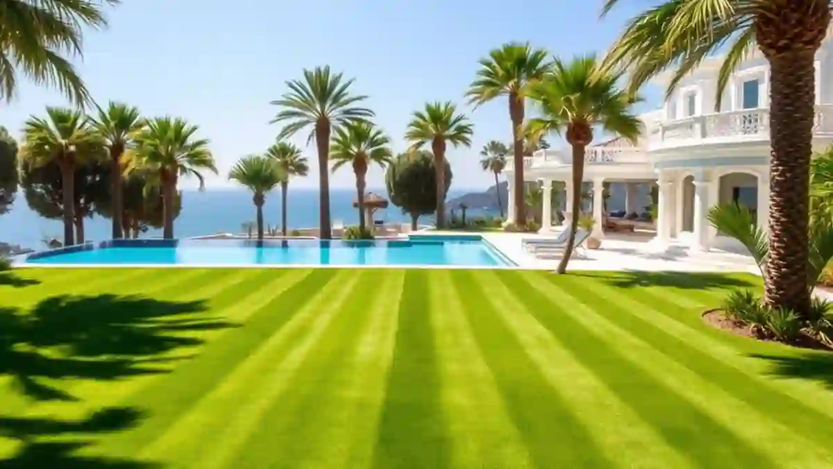Jardín de villa de lujo con césped cuidado, palmeras y piscina infinita