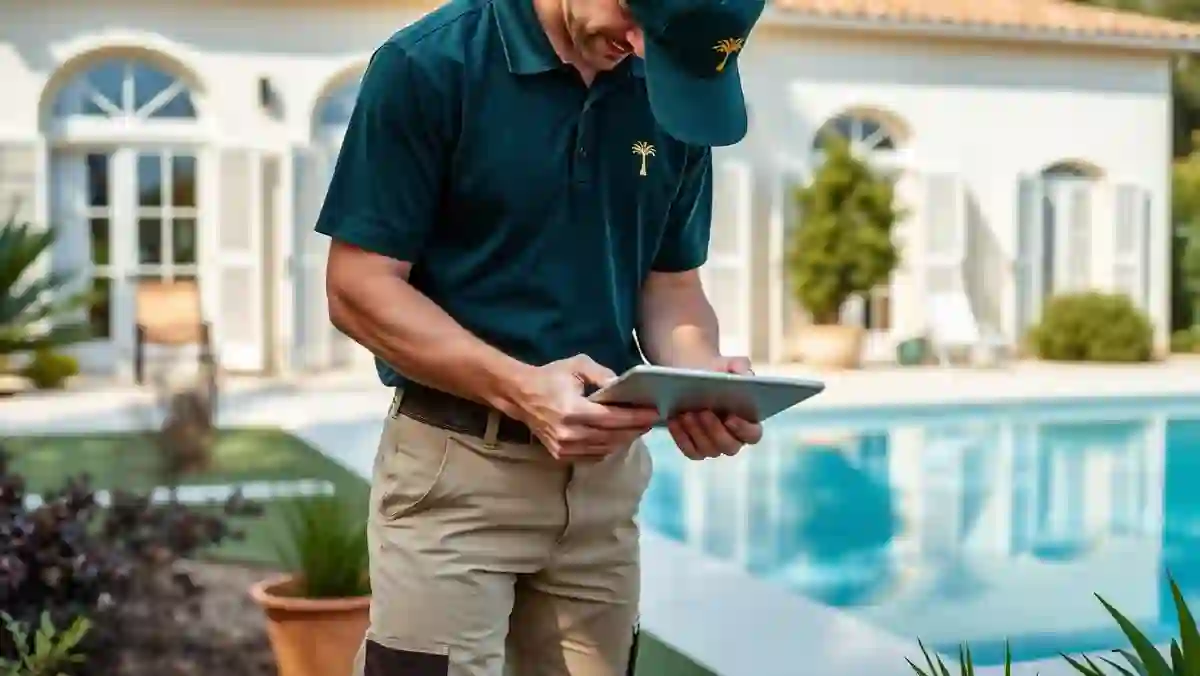 Jardinero de Costa Luxe Gardens inspeccionando con una tablet el jardín de una villa desocupada