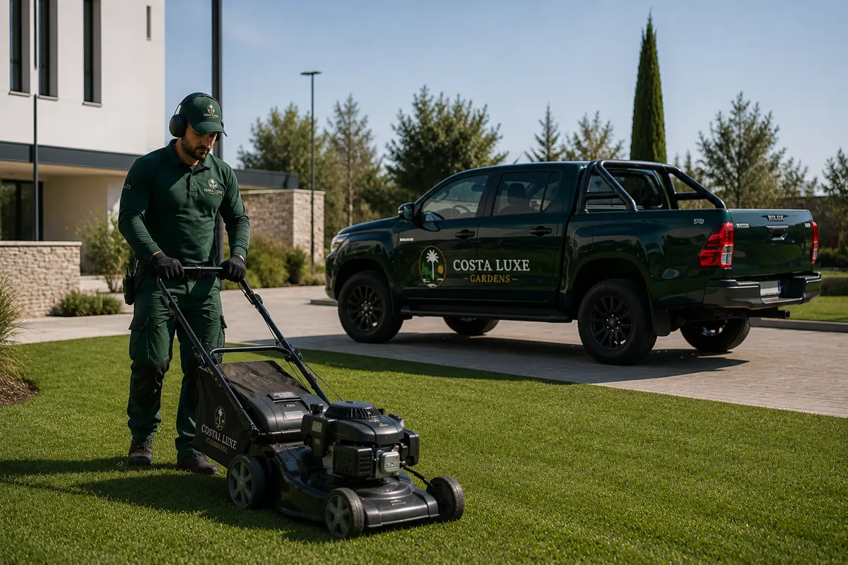 Vehículo oficial de Costa Luxe Gardens estacionado en una finca de la Costa del Sol