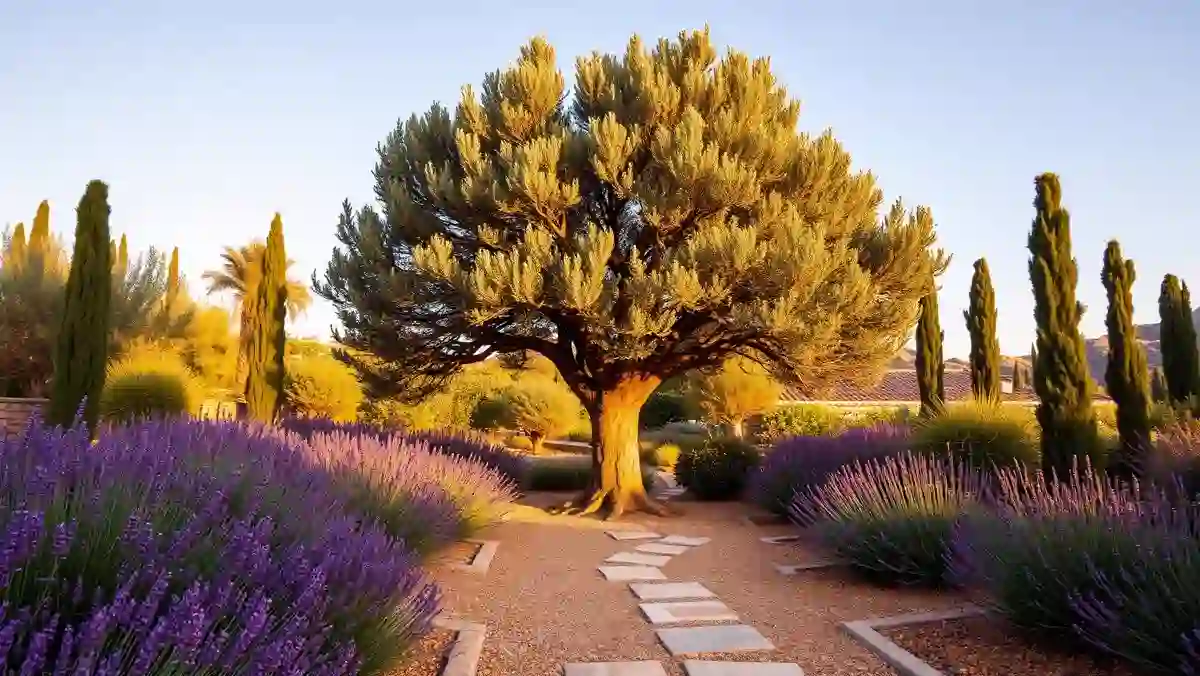 Jardín mediterráneo de villa de lujo con olivos, lavanda y piscina al fondo