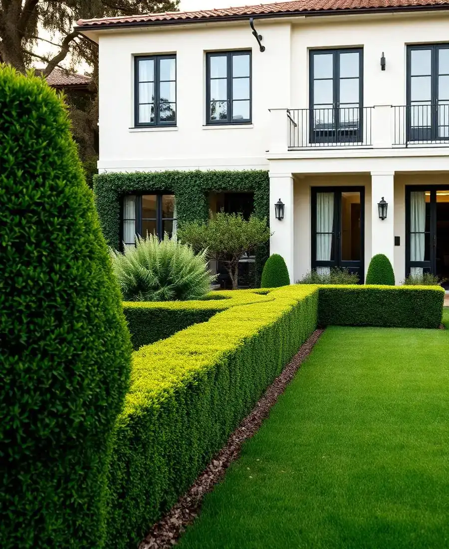 Fachada clásica de una villa privada de lujo con jardín frontal de setos recortados y faroles