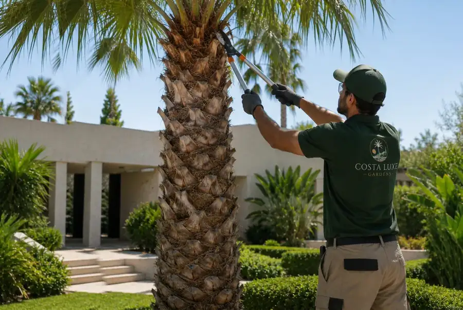 Jardinero de Costa Luxe Gardens podando una palmera con tijeras de altura en un jardín de lujo en la Costa del Sol