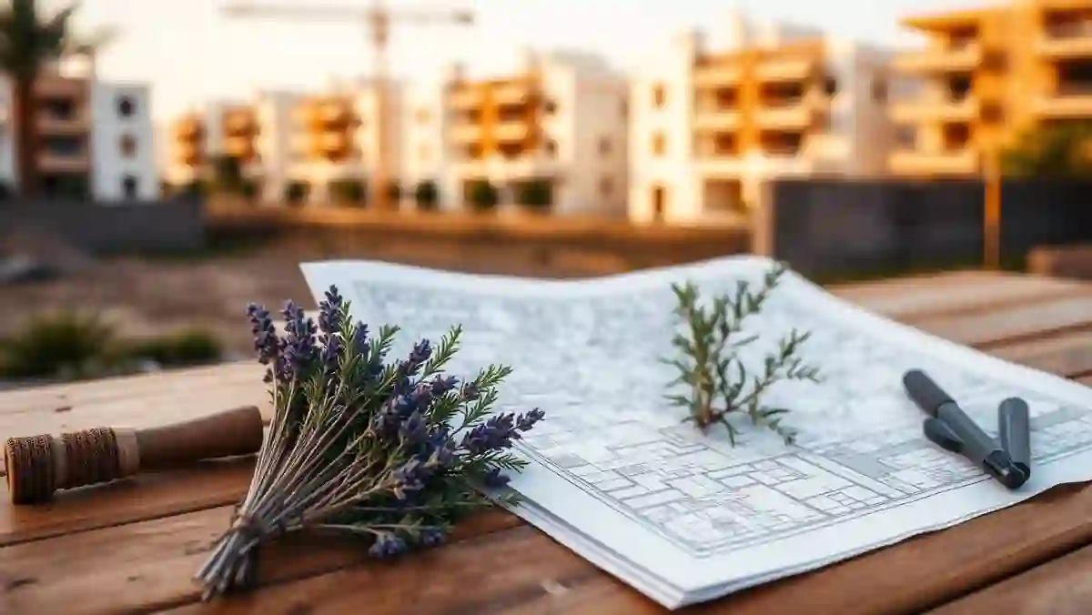 Plano de jardín superpuesto sobre una promoción residencial en construcción