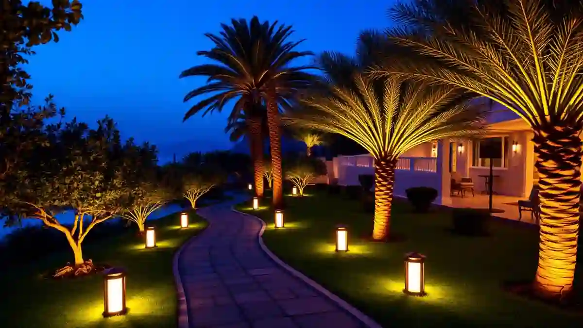 Jardín de hotel iluminado al atardecer junto a una zona de terrazas